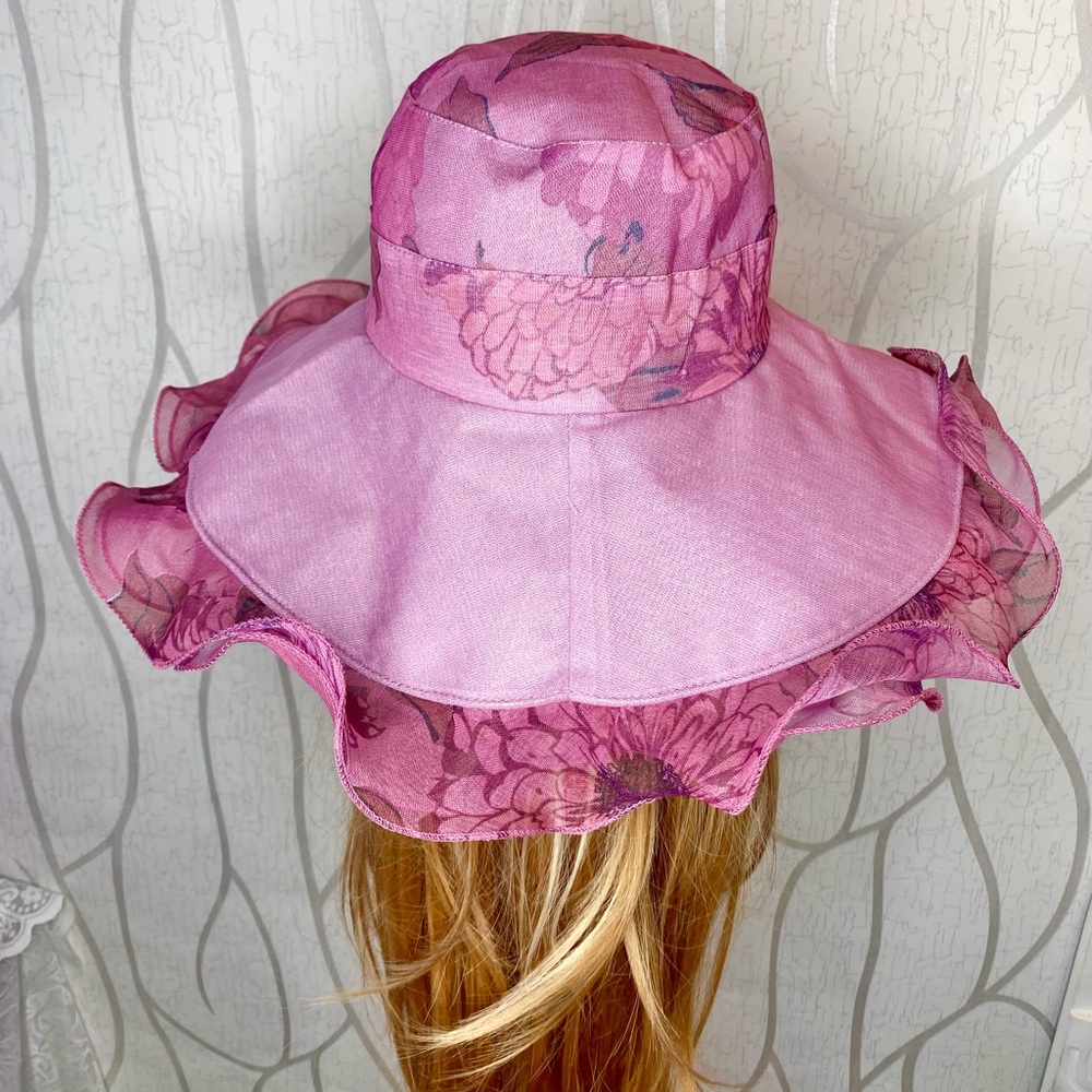 🎀🌷 Mauve Pink Floral Elegant Ruffle Trim Sun Hat 🌷🎀 NWT - Picture 10 of 15